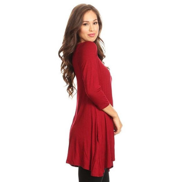 NWT BOUTIQUE Burgundy Maroon Tunic Top A-Line Layering Piece 3/4 Sleeve Shirt - Picture 1 of 6